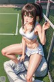 A woman in a white bikini sitting on a tennis court.