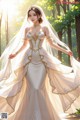 A woman in a wedding dress standing in the woods.