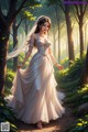 A woman in a wedding dress walking through a forest.