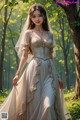 A woman in a wedding dress standing in the woods.